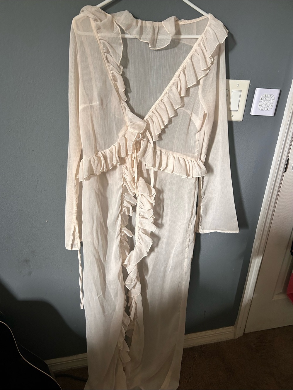 Sheer Ruffle Long Robe - Cream